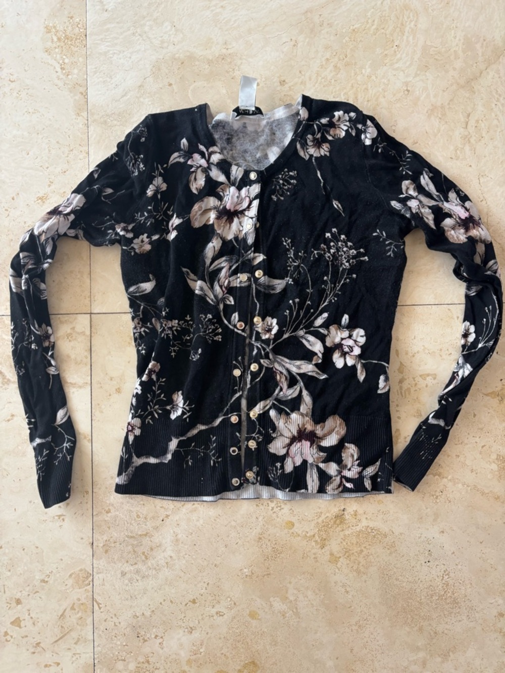 White House Black Market Black and Cream Floral Cardigan